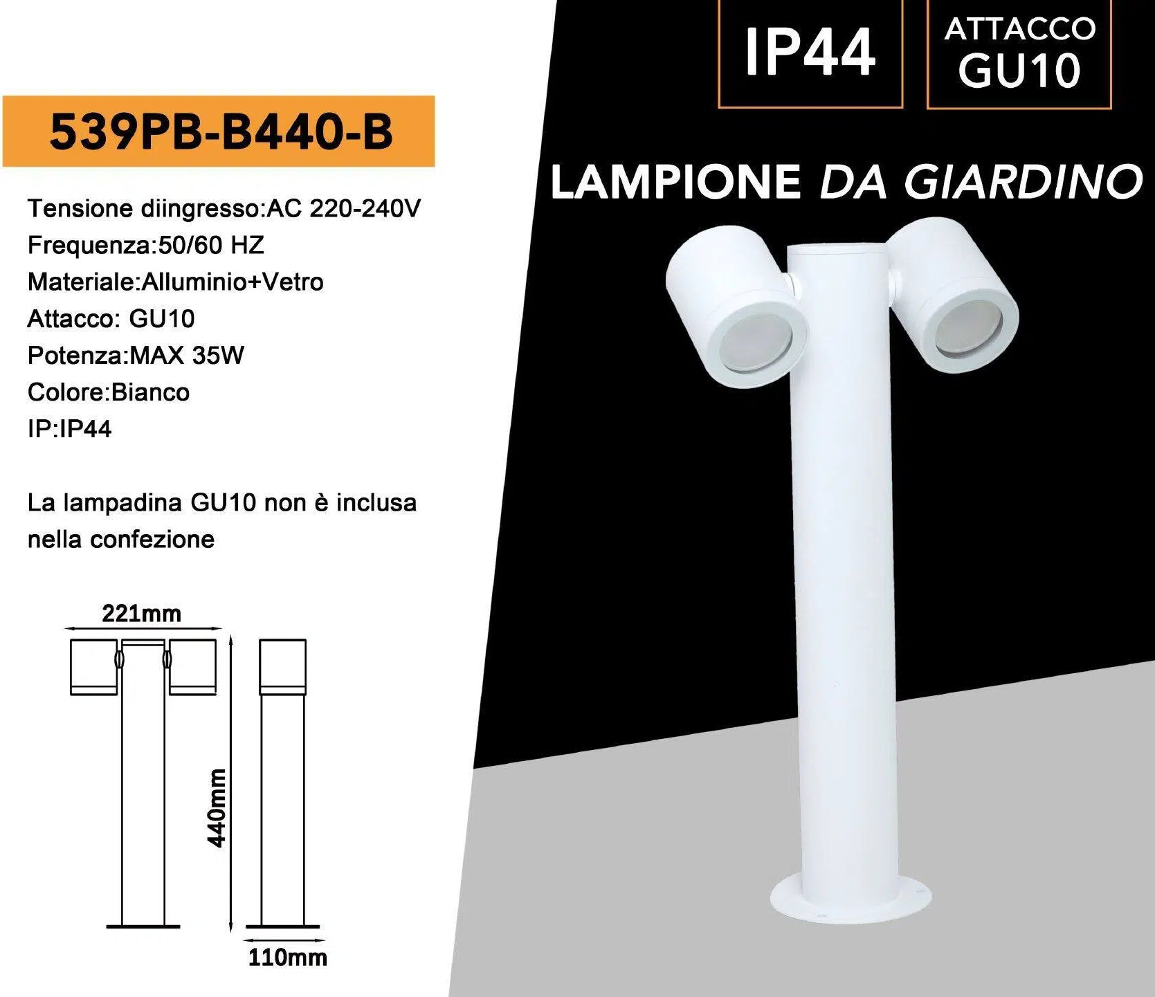 Lampione da giardino UNIVERSO 539PB-B440-B 45 cm con diffusori orientabili attacco GU10 IP44 per esterno