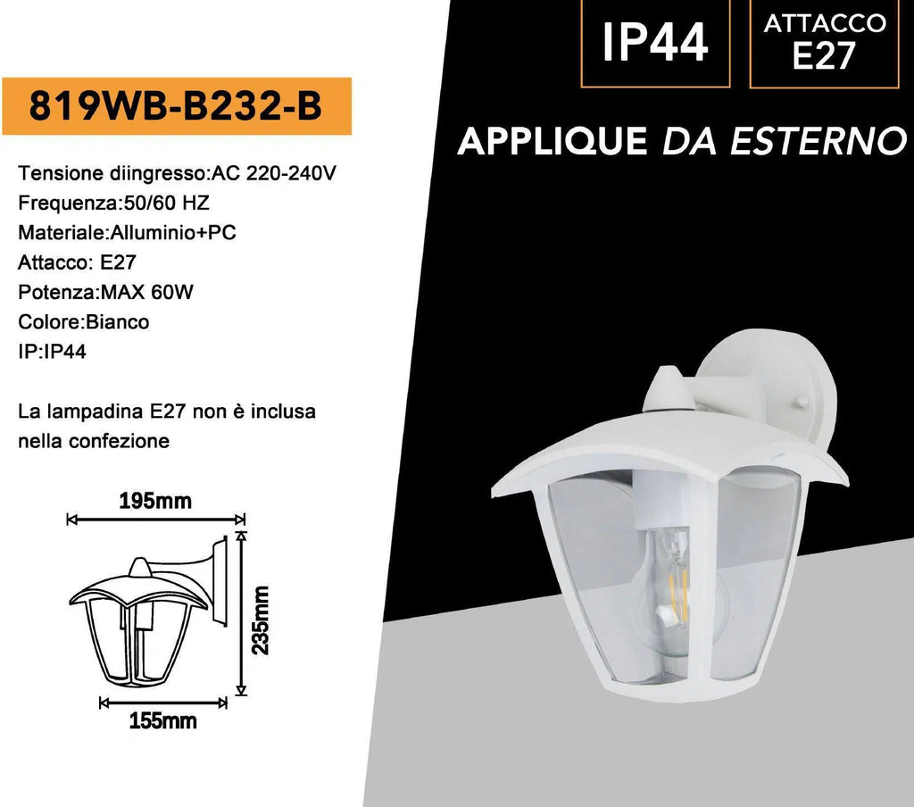 Portalampada lanterna da giardino UNIVERSO 819WB-B232-B applique da muro bianca attacco E27 IP44 per esterno