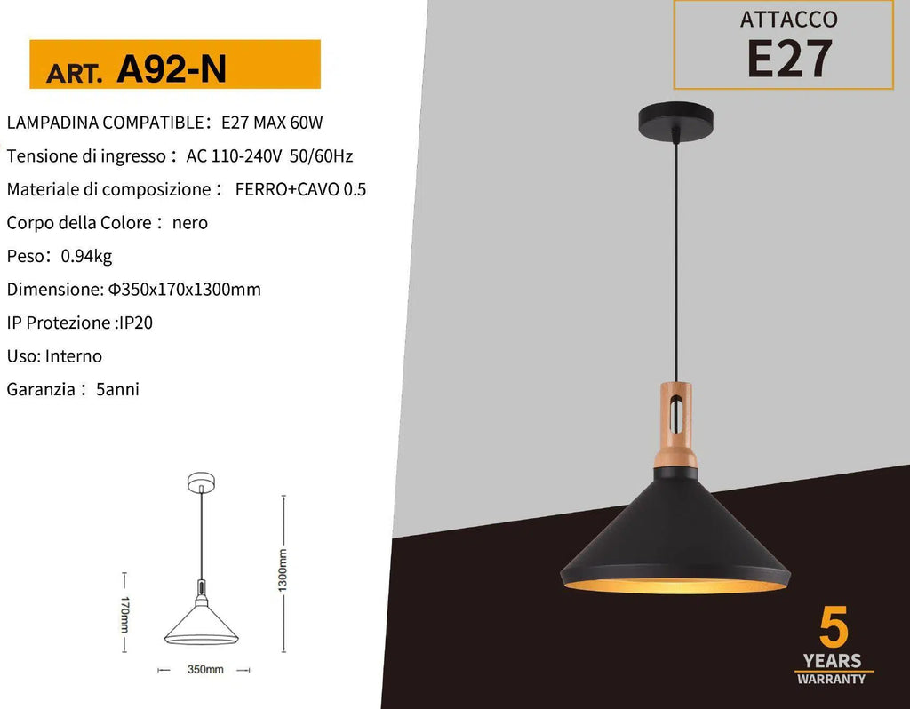 Lampadario in Metallo a Campana Universo A92 – Portalampada per Lampadine E27, Colore Bianco e Nero