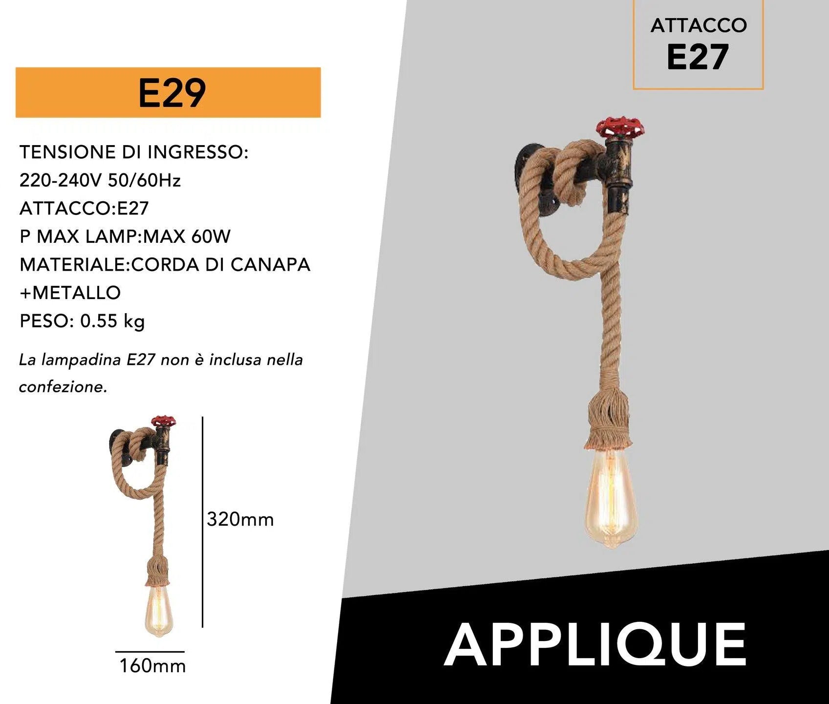 Pendente Vintage da Parete a Forma di Fontana e Corda con Attacco E27