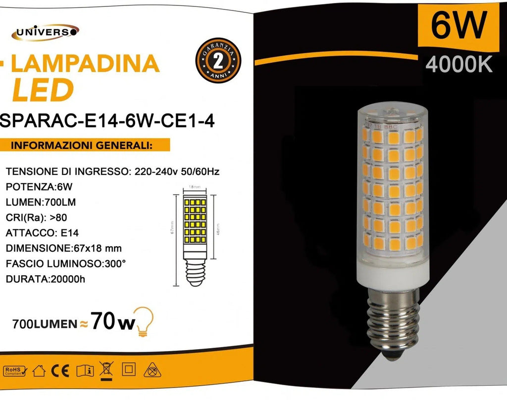 Mini Lampadina CORN LED Universo – SMD 2835, Attacco E14, 6W, 660 Lumen, CCT 3000K/4000K/6500K