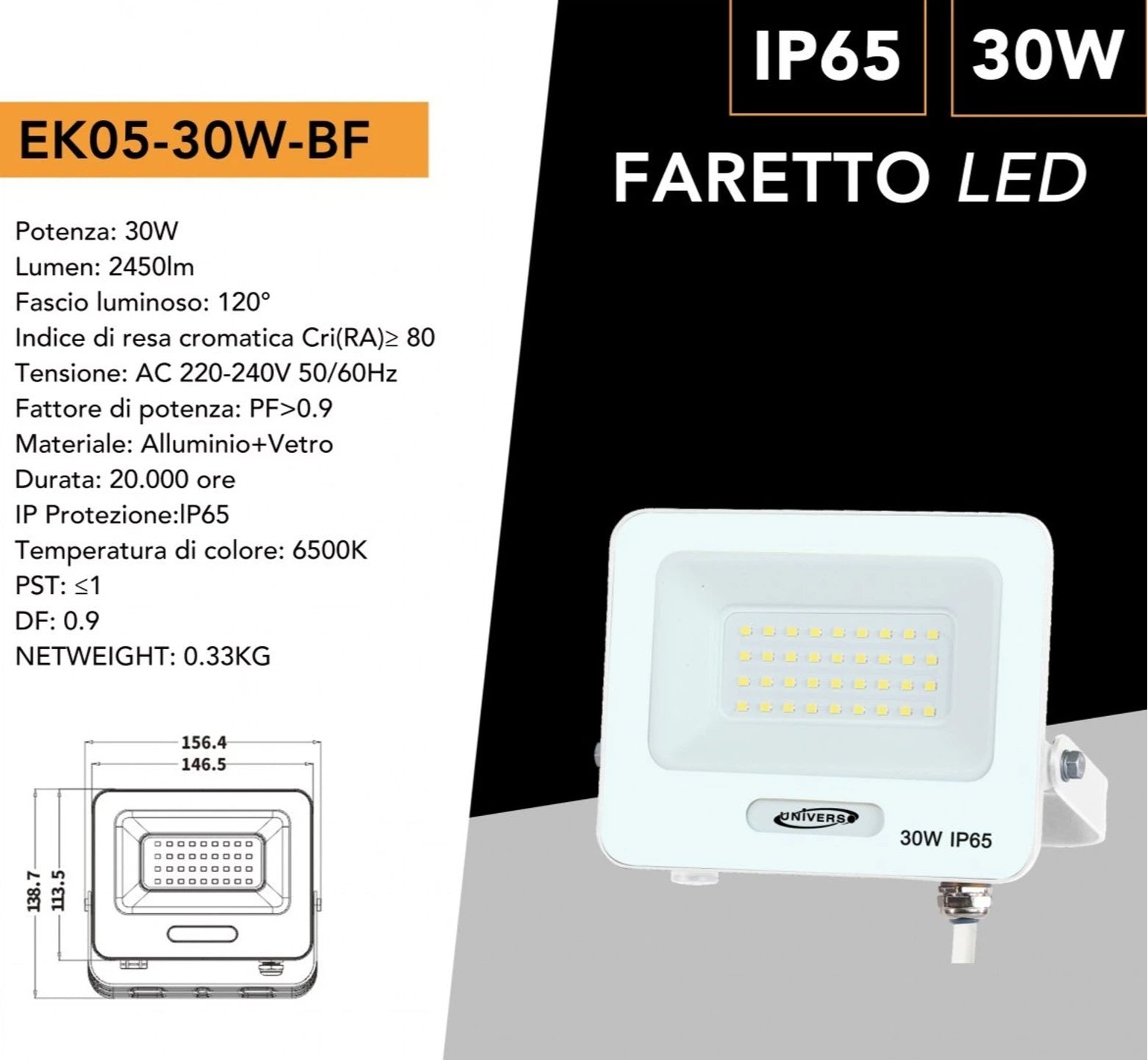 Proiettore SMD LED Slim UNIVERSO EK05-30W-B 30W | CCT Selezionabile 3000K-4000K-6500K IP65 Bianco