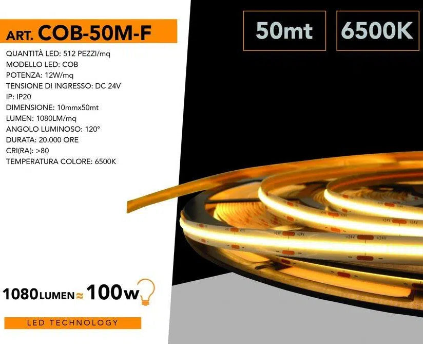 Striscia LED SMD COB 50m | 12W/m 24V Monocolore 600W 54.000 Lumen IP20