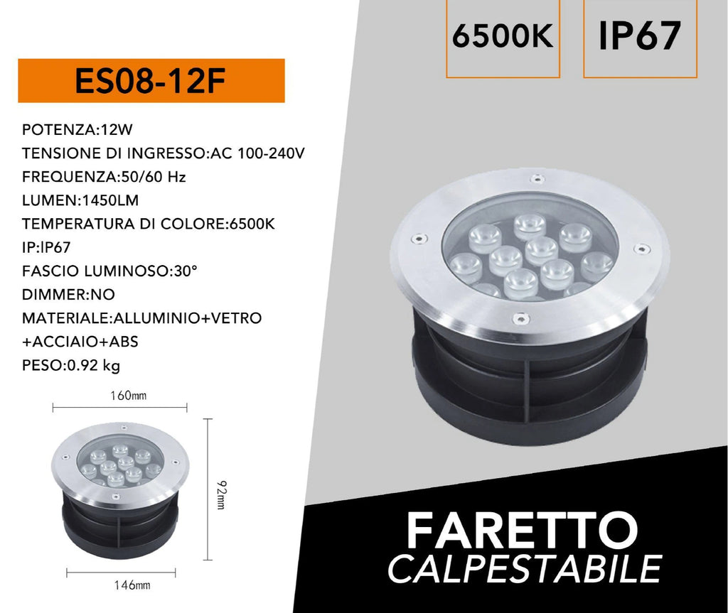 Faretto Segnapasso Calpestabile LED da Interramento 12W SMD Power LED da Esterno IP67