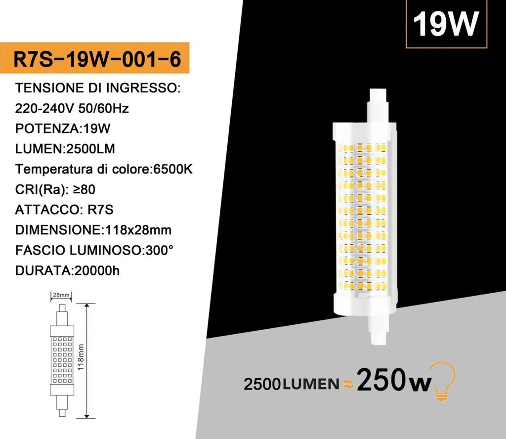 Lampadina LED R7S Universo R7S-19W-001 – 19W Tubolare 118mm SMD, 2500 Lumen, CCT 3000K/4000K/6500K