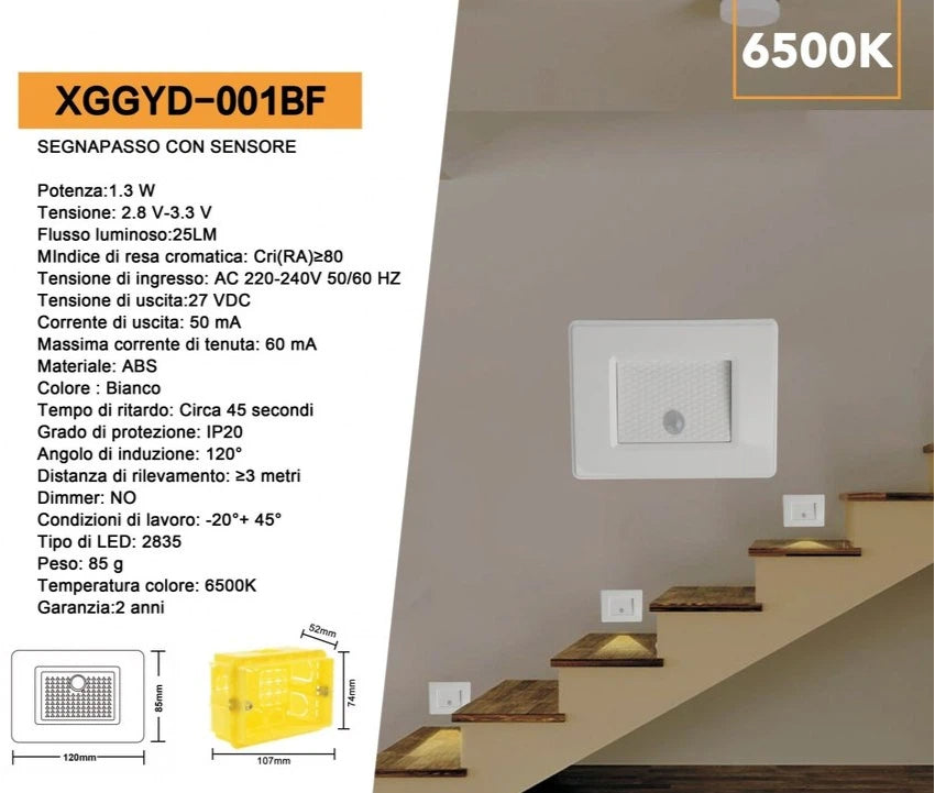 PUNTO LUCE SEGNAPASSO LED A INCASSO RETTANGOLARE CON SCATOLA E503 1.3W 25LM