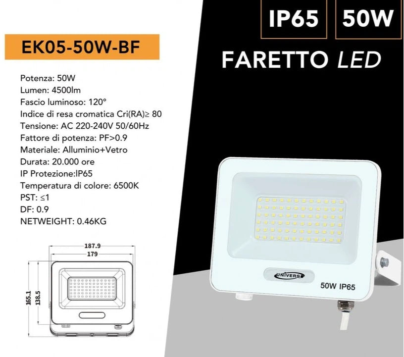 Proiettore SMD LED Slim UNIVERSO EK05-50W-B 50W | CCT Selezionabile 3000K-4000K-6500K IP65 Bianco