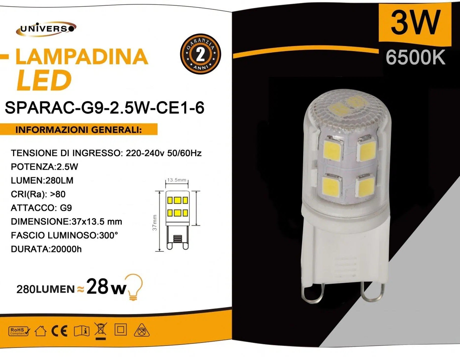 Confezione da 15 Pezzi Universo SPARAC-G9-2.5W-CE1 – Lampadina LED G9, 2.5W Tubolare SMD, 280 Lumen, CCT 3000K/4000K/6500K