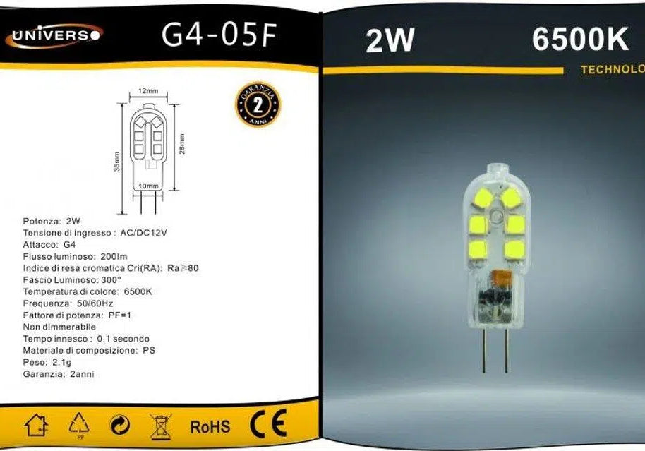 Lampadina LED G4 Universo G4-05 – 2W Bulb Chip SMD, 300°, 200 Lumen, AC/DC 12V