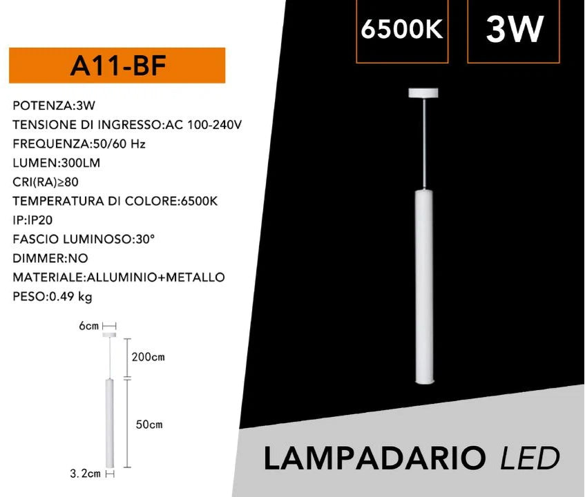 Lampadario Applique a Sospensione di Forma Cilindrica – 3W, 300 Lumen, Colore Bianco o Nero