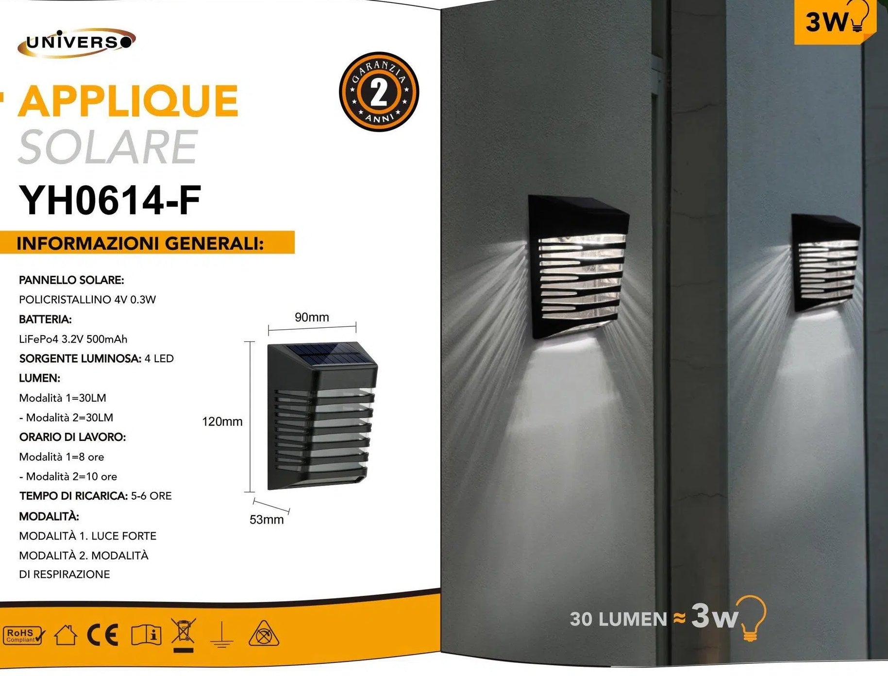 Faretto Applique LED da Giardino 3W con Pannello Solare – Ricaricabile, Esterno, IP65
