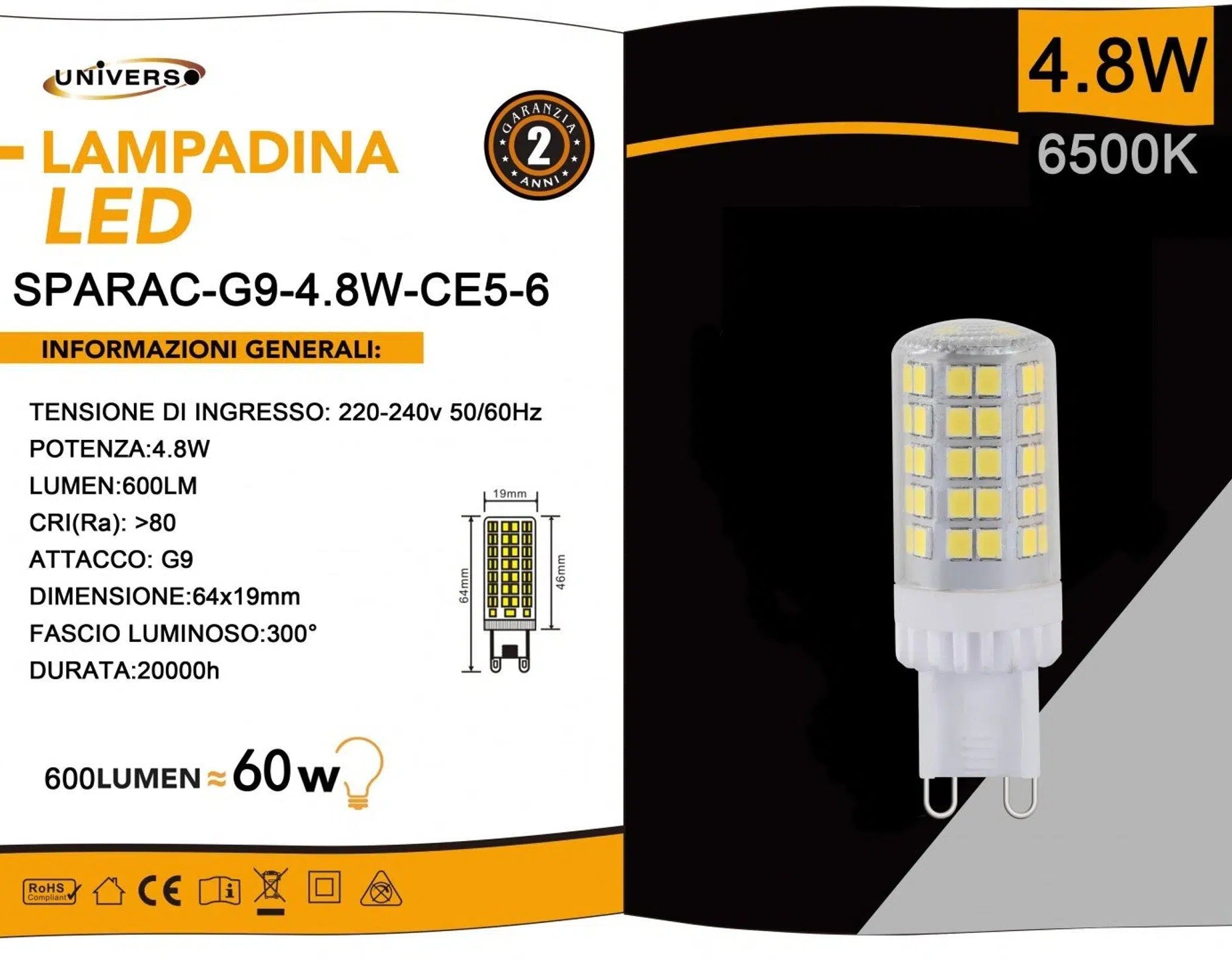 Confezione da 5 Pezzi Universo SPARAC-G9-4.8W-CE5 – Lampadina LED G9, 4.8W Tubolare SMD, 600 Lumen, CCT 3000K/4000K/6500K