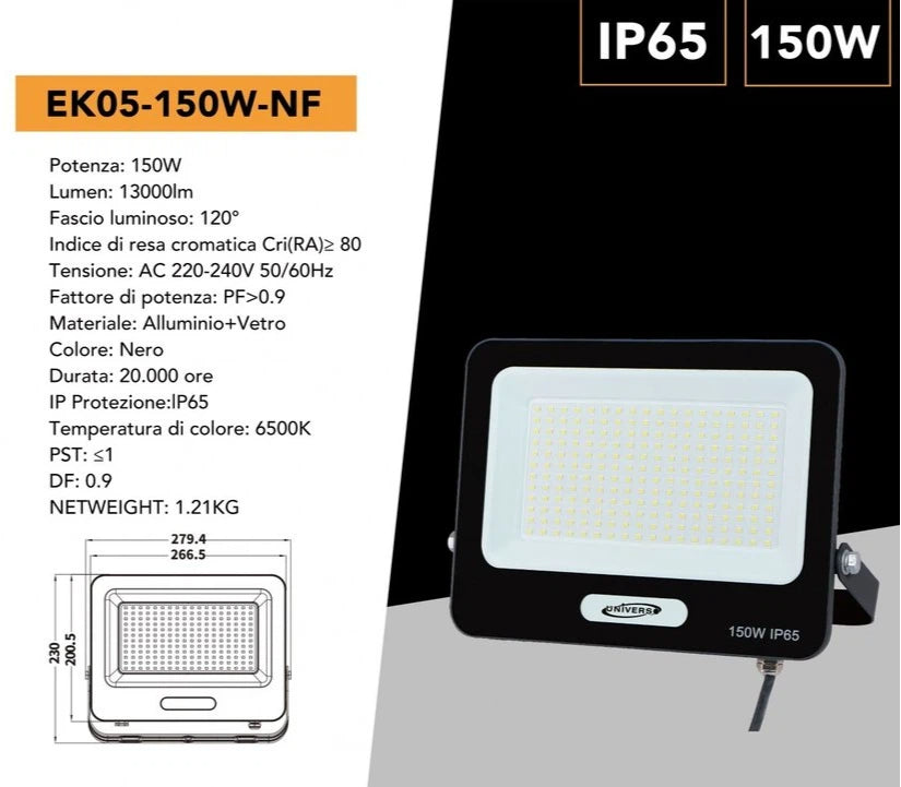 Proiettore SMD LED Slim UNIVERSO EK05-150W-N 150W | CCT Selezionabile 3000K-4000K-6500K IP65 Nero