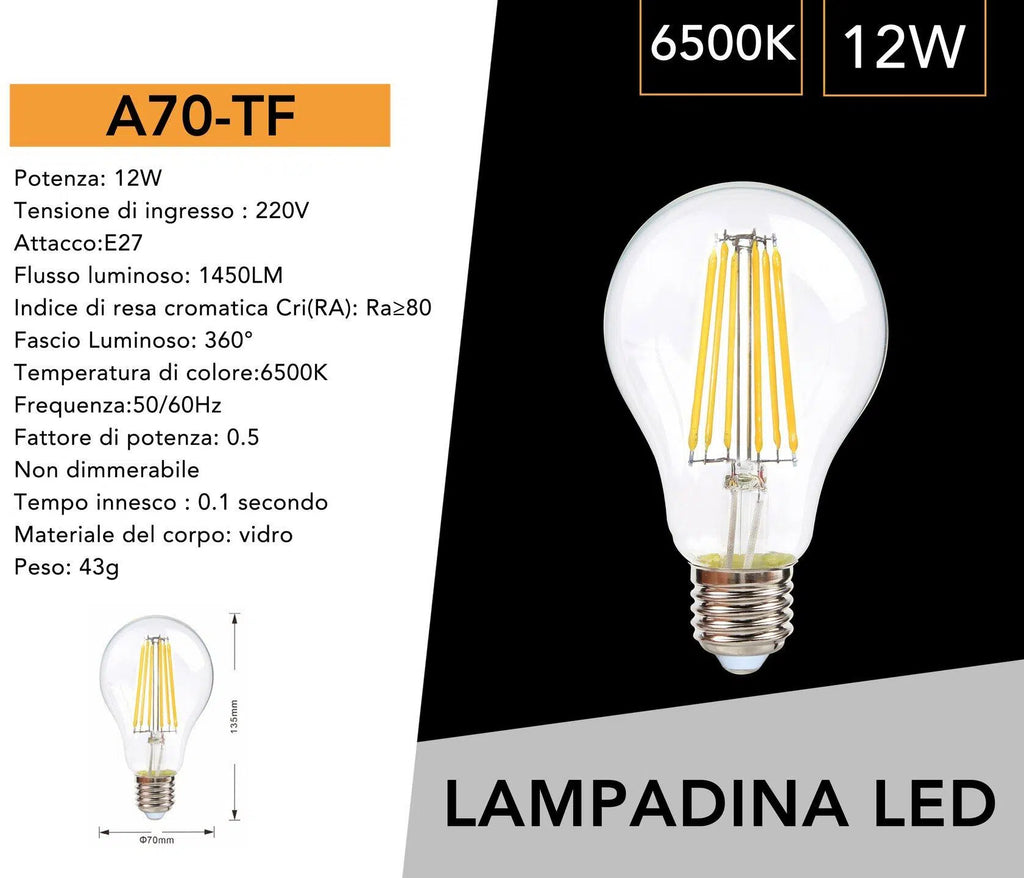 Lampadina LED E27 Universo – 12W Bulb A70 a Filamento, 360°, 1500 Lumen, CCT 3000K/4000K/6500K
