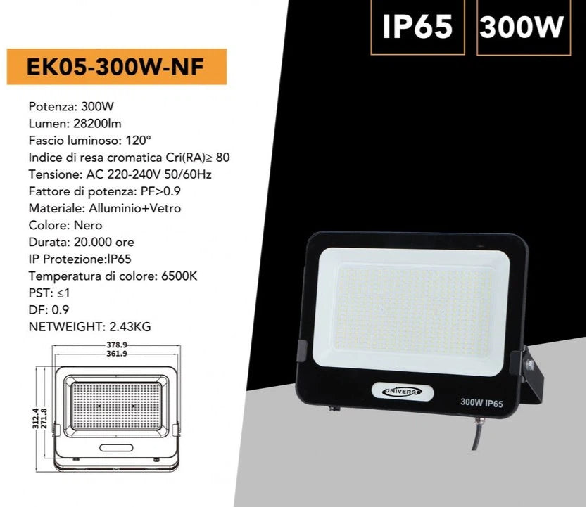 Proiettore SMD LED Slim UNIVERSO EK05-300W-N 300W | CCT Selezionabile 3000K-4000K-6500K IP65 Nero