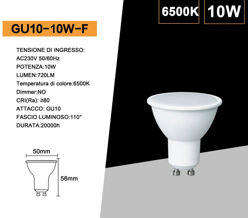 Confezione da 20 Pezzi Universo – Lampadina LED GU10 10W, Faretto Spotlight 110°, 720 Lumen, CCT 3000K/4000K/6500K