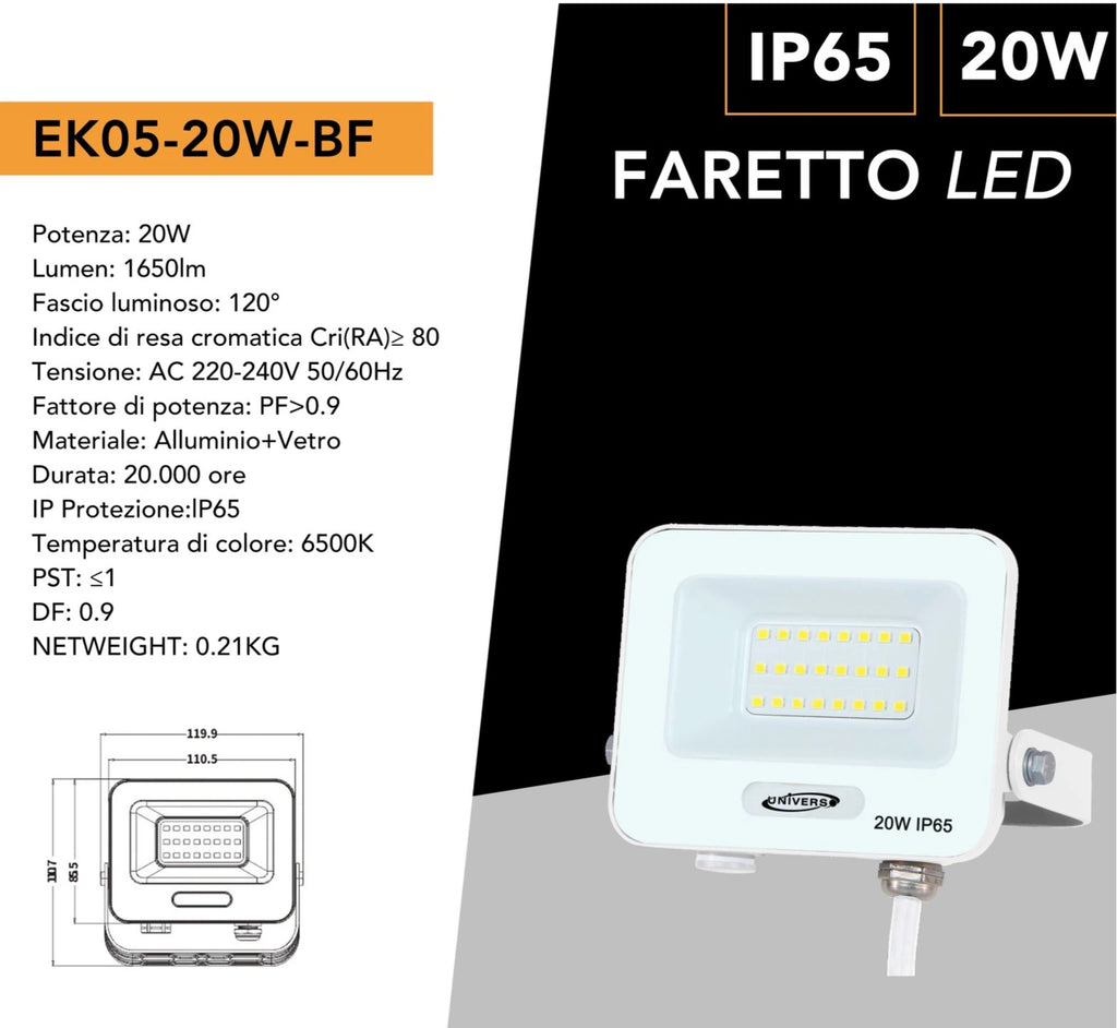Proiettore SMD LED Slim UNIVERSO EK05-20W-B 20W | CCT Selezionabile 3000K-4000K-6500K IP65 Bianco