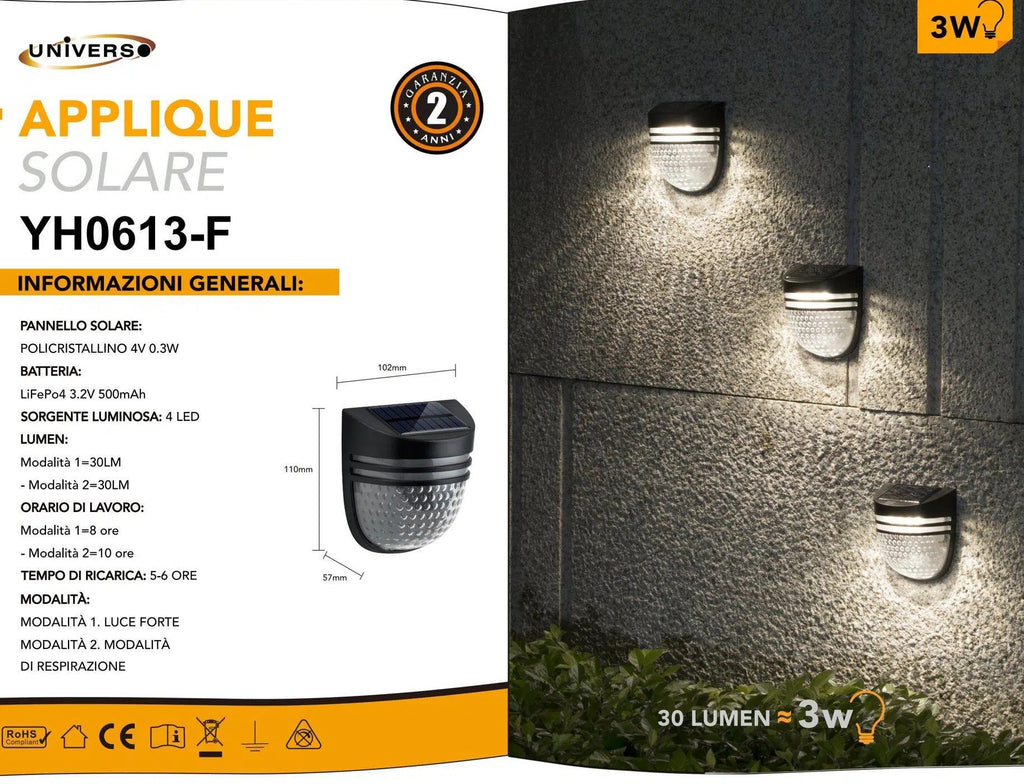 Faretto Applique LED da Giardino 3W con Pannello Solare – Ricaricabile, IP65 per Esterno