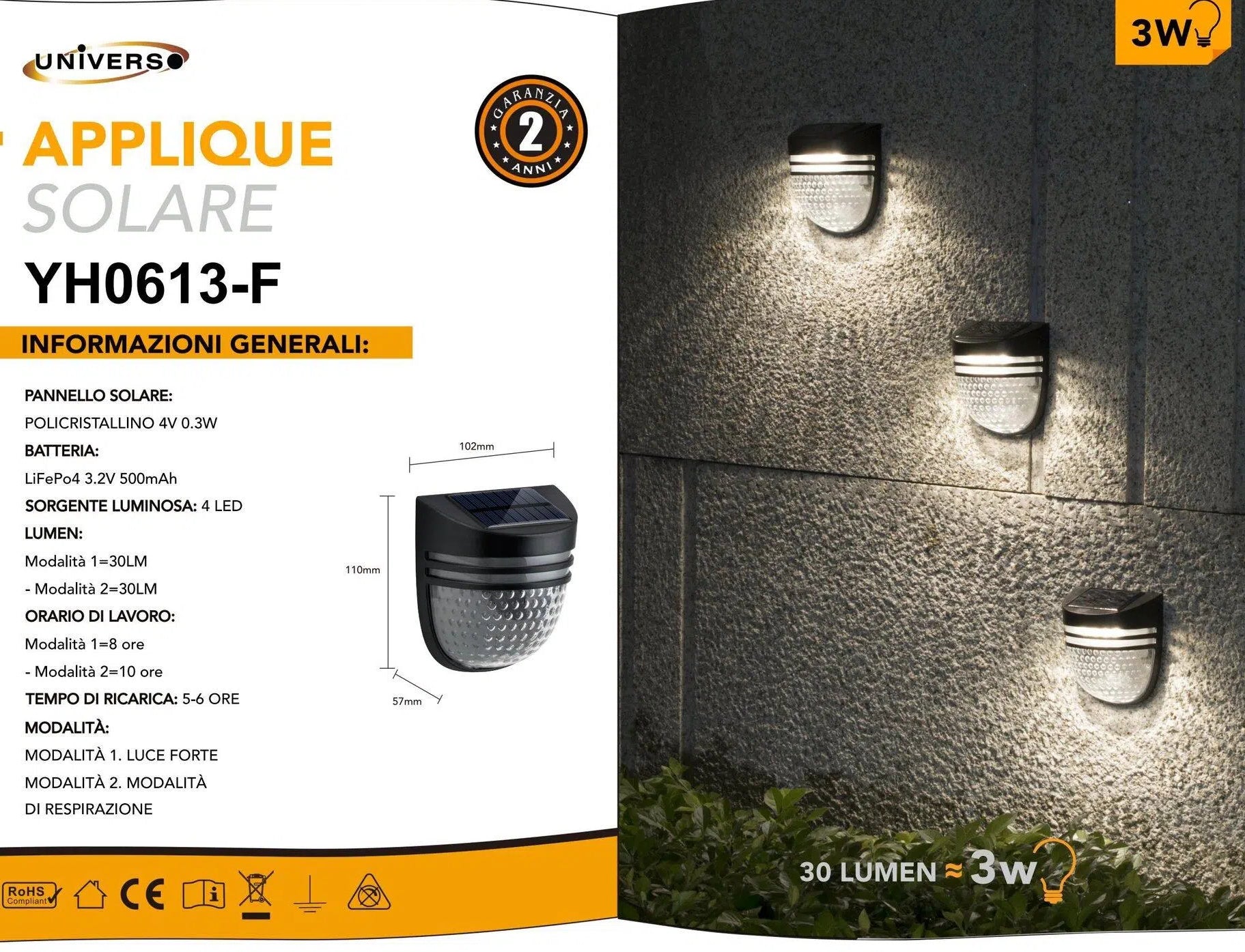 Faretto Applique LED da Giardino 3W con Pannello Solare – Ricaricabile, IP65 per Esterno