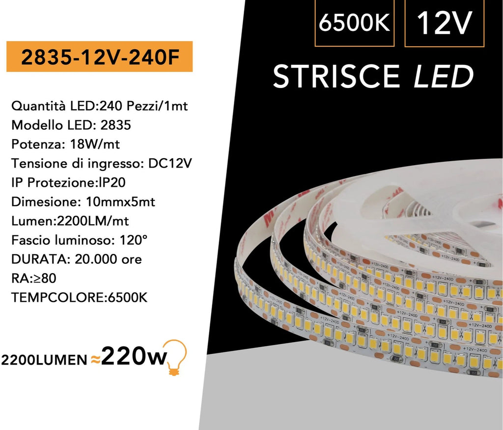 Strip Striscia LED Monocolore 5 Metri SMD 2835 240 LED/m IP20 90W 8100 Lumen
