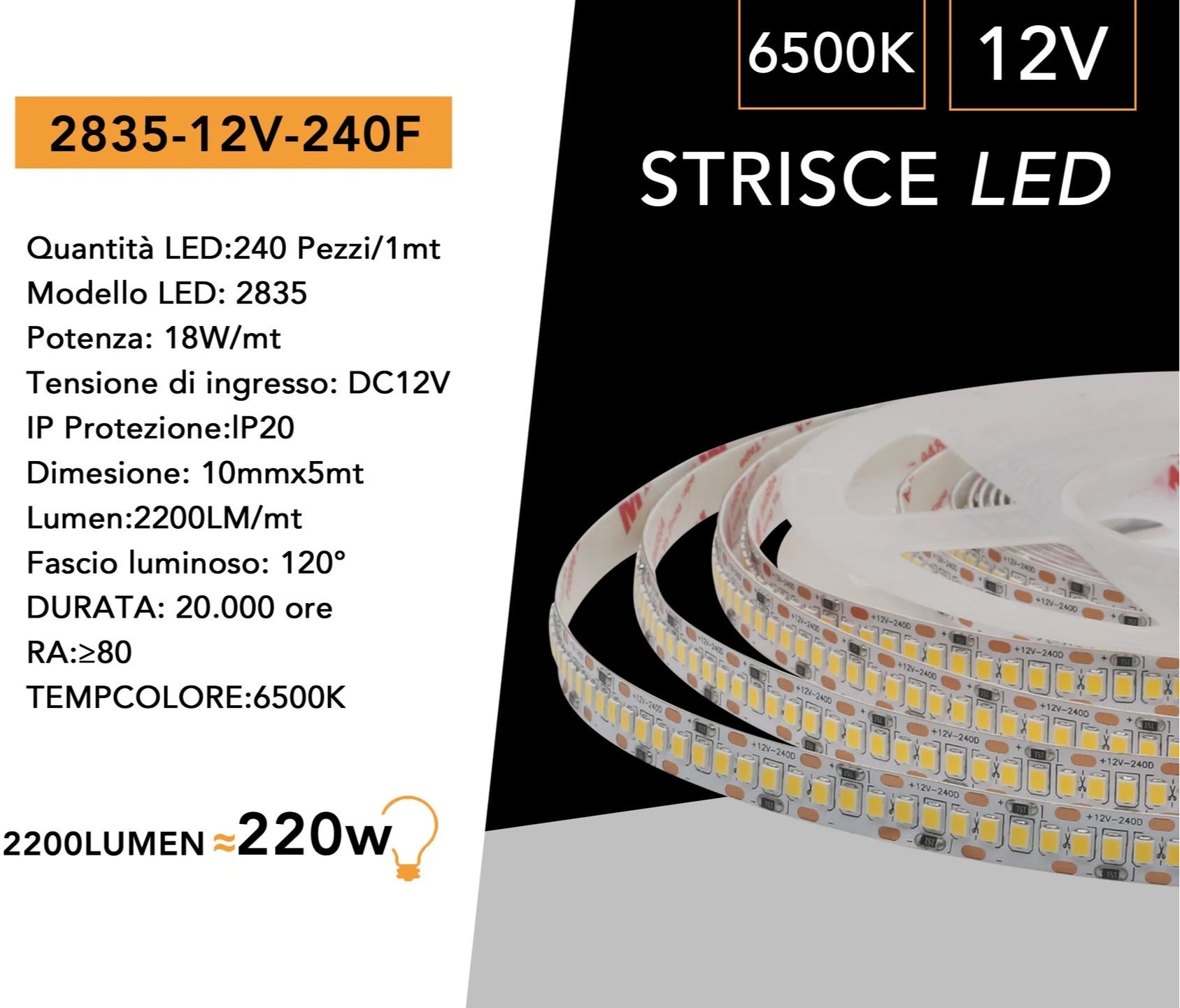 Strip Striscia LED Monocolore 5 Metri SMD 2835 240 LED/m IP20 90W 8100 Lumen