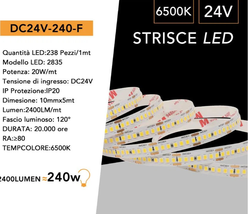Striscia LED Monocolore 5m DC24V SMD 2835 238 LED/m IP20 90W 9900 Lumen