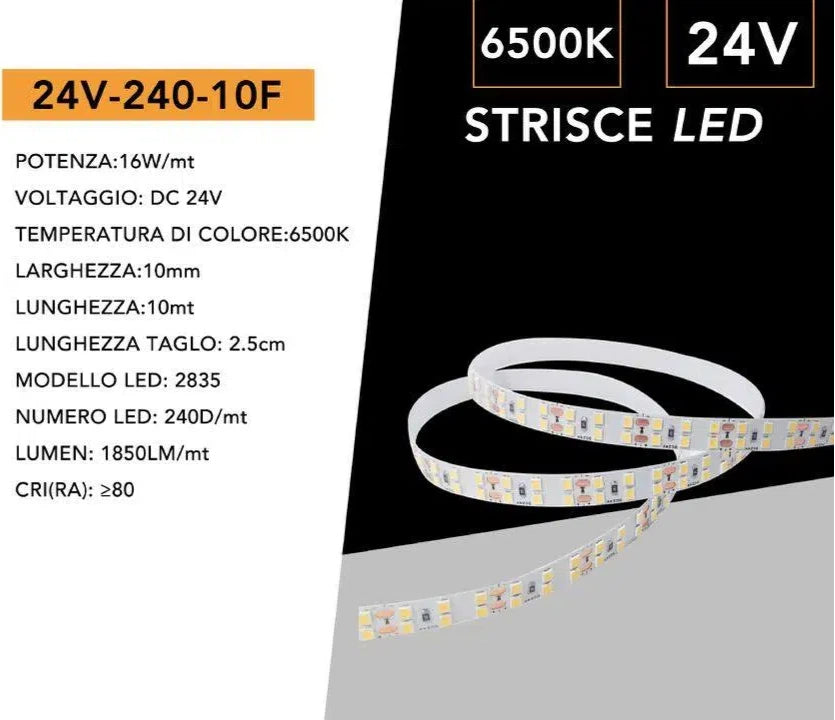 Striscia LED Flessibile Monocolore UNIVERSO | DC 24V 160W SMD 2835 240 LED/m Bobina 10m Taglio 2.5cm