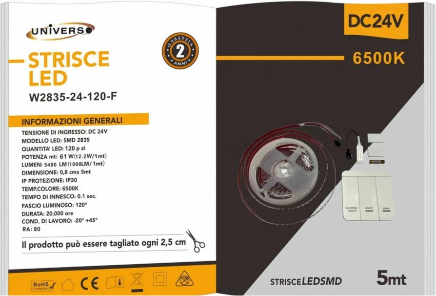 Striscia LED Flessibile Monocolore DC 24V 59W | 600 LED SMD 2835 5310 Lumen 10 Giochi di Luce IP20