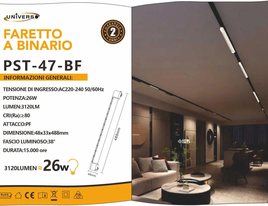 Track Light Faretto Lineare LED SMD Universo PST-47-N – 26W, 38°, per Binario Elettrificato Monofase, Colore Bianco