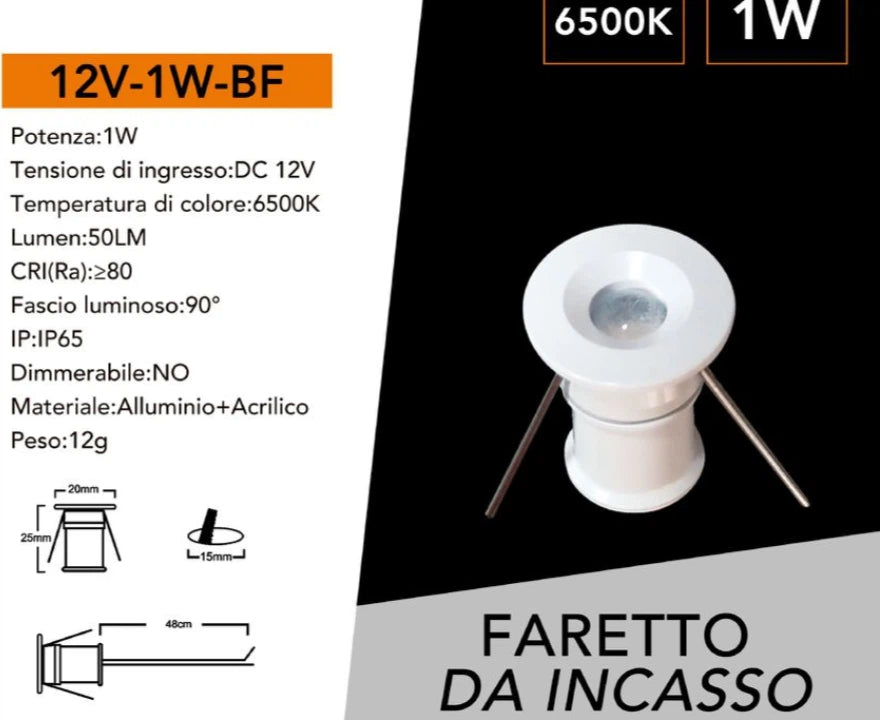 Punto Luce Faretto LED da Incasso 1W 12V DC UNIVERSO | Impermeabile IP65 per Esterno