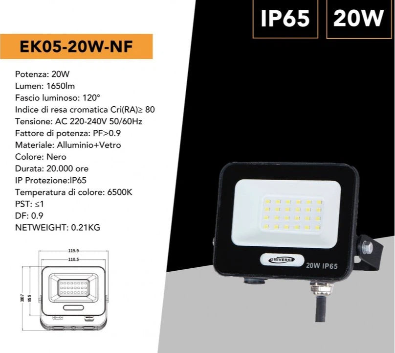 Proiettore SMD LED Slim UNIVERSO EK05-20W-N 20W | CCT Selezionabile 3000K-4000K-6500K IP65 Nero