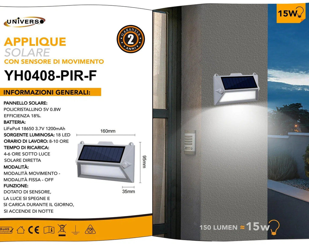 Applique LED Ricaricabile 3.6W con Pannello Solare – Doppio Sensore di Movimento e Crepuscolare, IP65 per Esterno