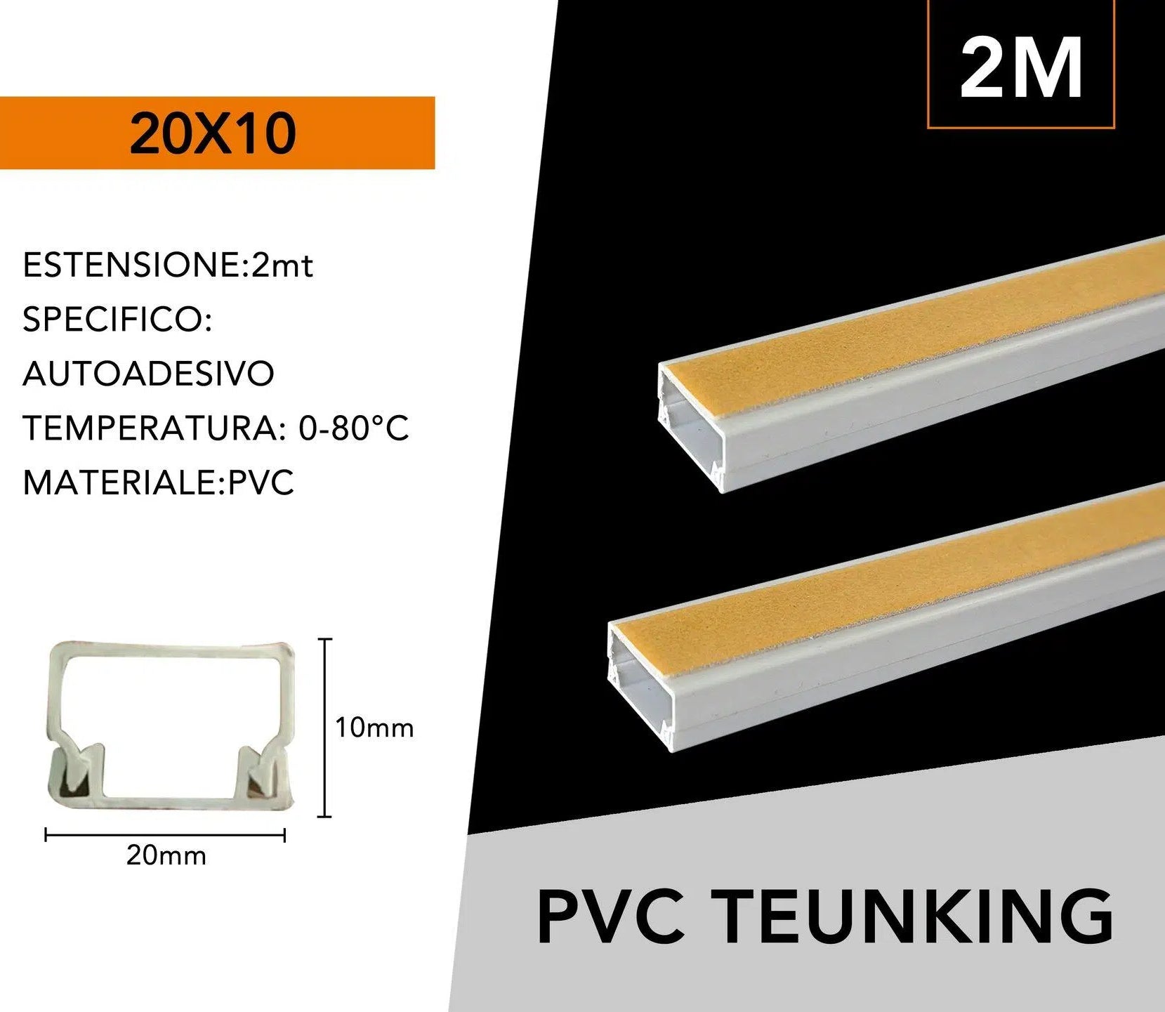 Confezione da 10 pezzi – Canalina passacavi con biadesivo in PVC, colore bianco, lunghezza 2 metri, dimensioni 20x10 mm.