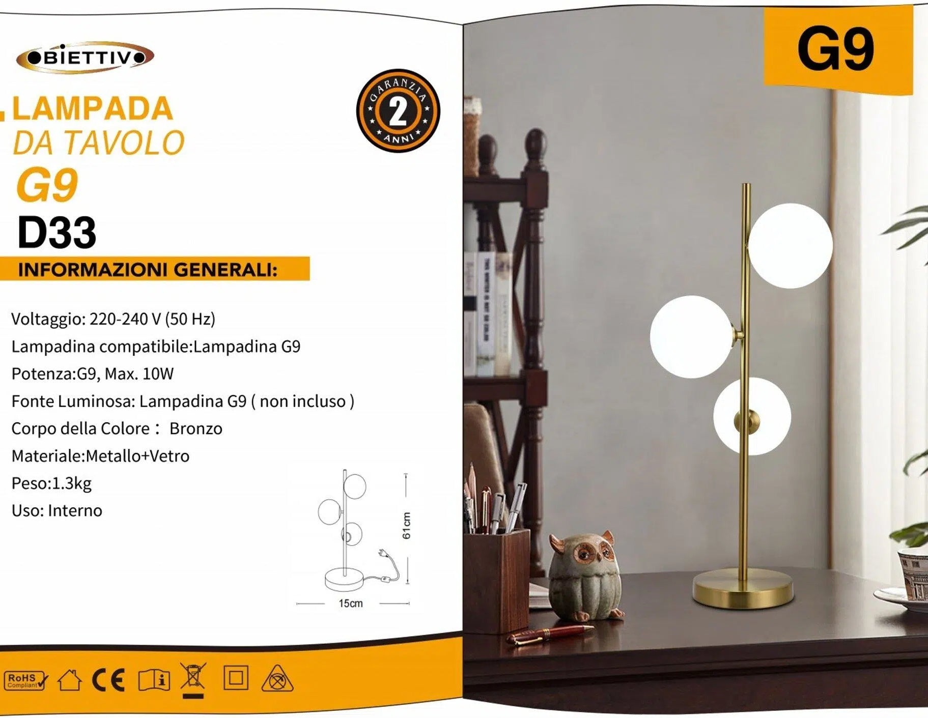 Lampada da Tavolo Universo Bronzo – 3 Sfere in Metallo e Paralume in Vetro con Attacco G9, Max 60W