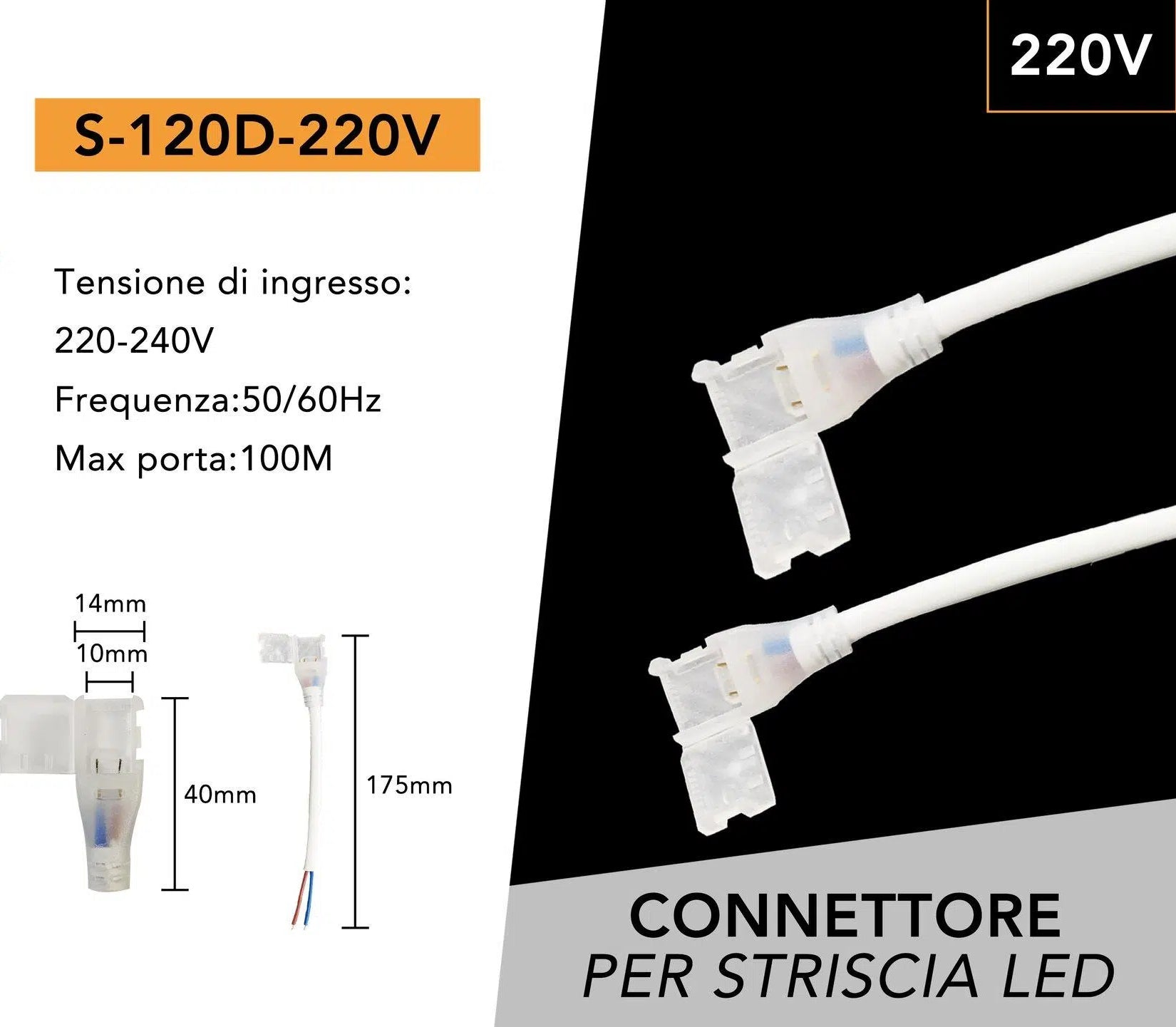 Connettore Alimentazione Flessibile per Strip LED 220V 8mm SMD-3535 | Confezione 10 Pezzi