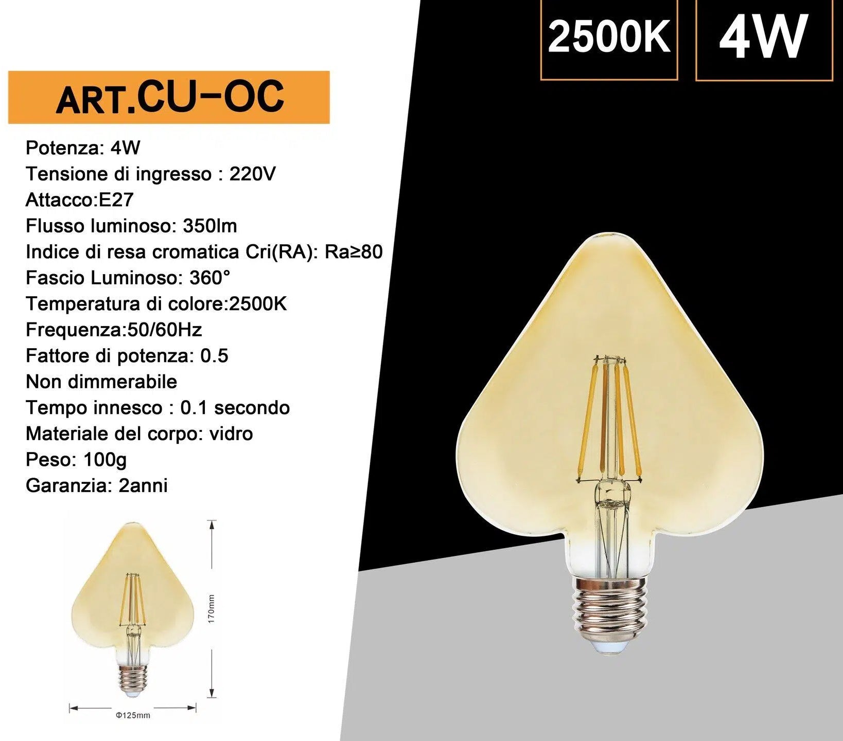 Lampadina LED Vintage a Forma di Cuore – E27 4W, Filamento, Vetro Ambrato, Luce Calda 2500K, Ideale per Pub e Taverne