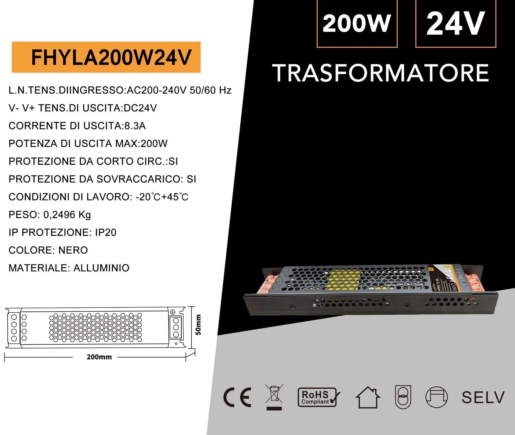 Alimentatore Slim Metallico Switching Stabilizzato 200W – Ingresso 220V, Uscita 24V 8.3A, Colore Nero, con trimmer regolabile