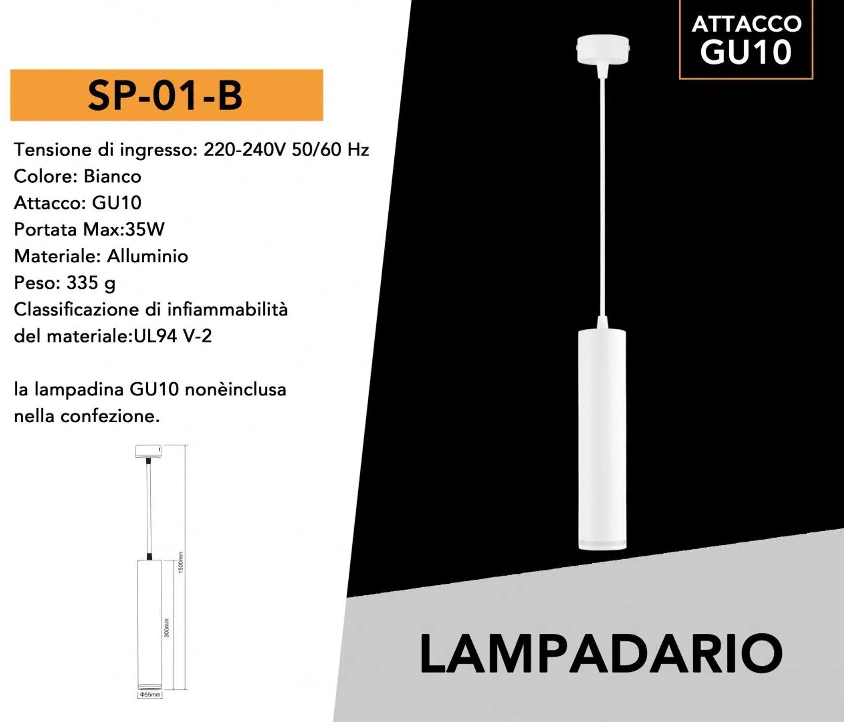 Lampadario a Sospensione Universo SP-01-B – Portalampada per Lampadine GU10 in Alluminio Colore Bianco