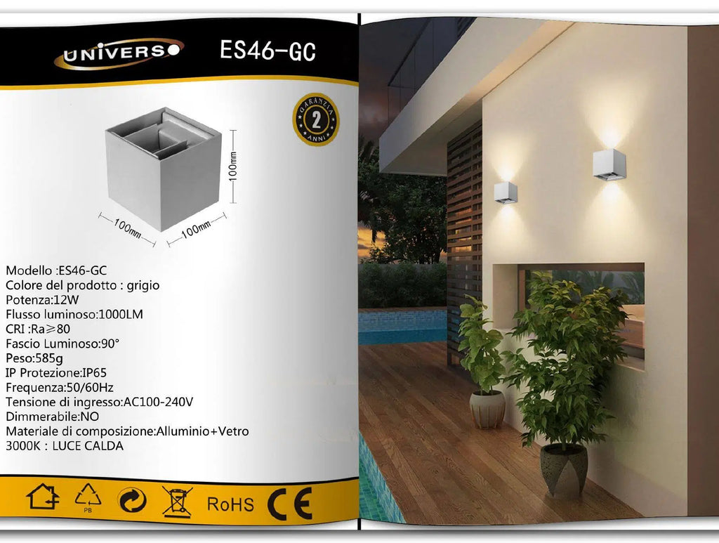 Applique Lampada da Muro Grigia – Doppio LED COB 12W con Fascio Regolabile, per Esterno