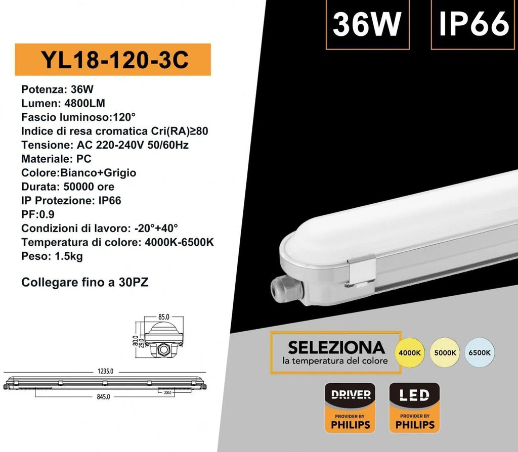 Tubo LED Lineare Linkabile 120cm 36W | Chip Philips CCT Selezionabile 4000K-5000K-6500K IP66