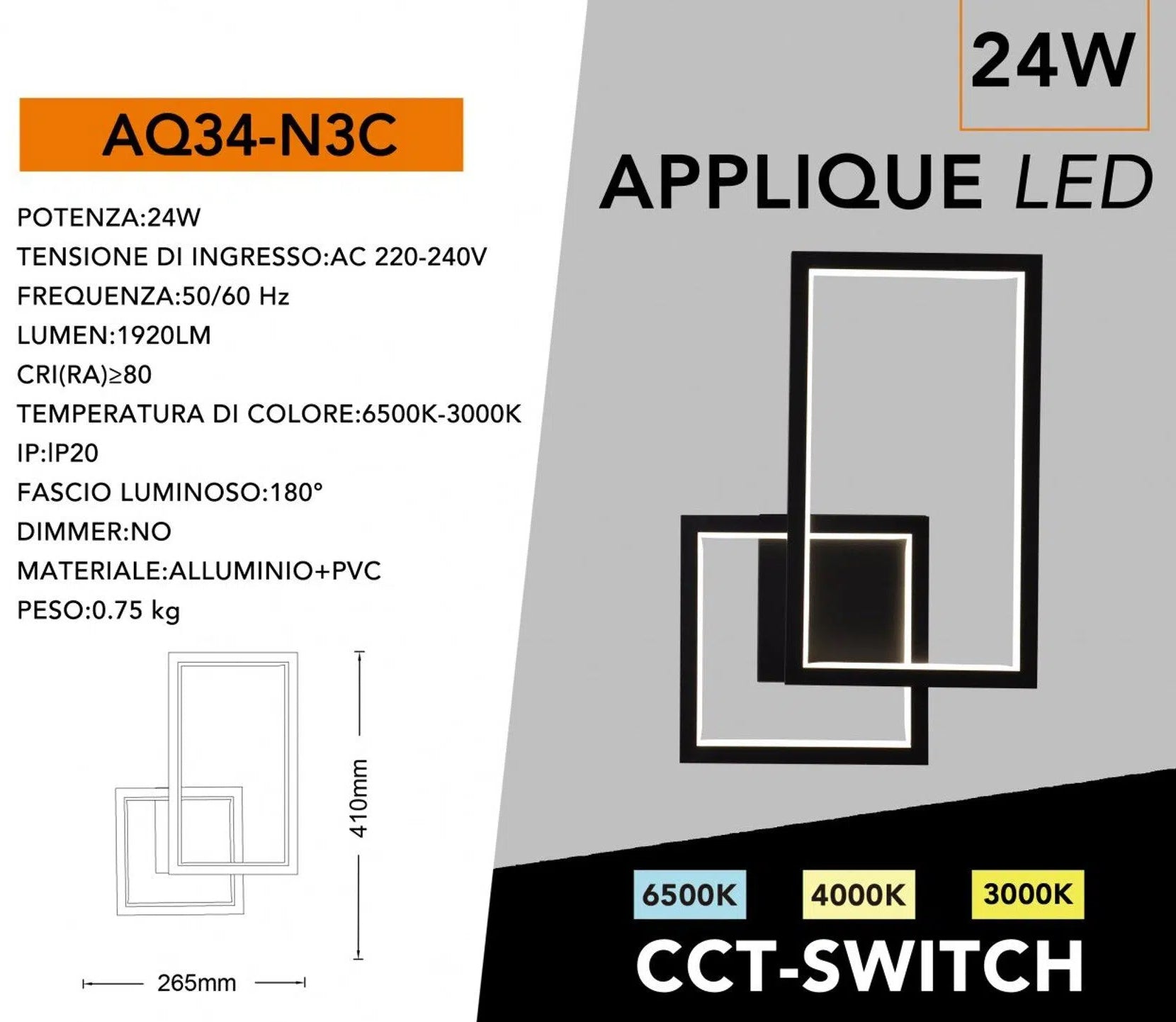 Applique LED a Muro Nera Universo AQ34-N3C 24W – Forma Geometrica Rettangolare con Switch CCT per Luce 3000K/4000K/6500K