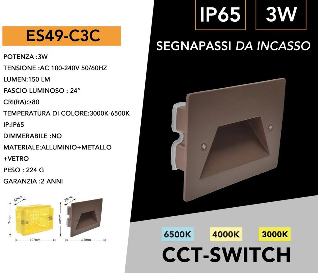 Universo ES49-C3C Punto Luce Segnapasso Rettangolare LED ad Incasso Cambia Colore CCT 3in1 3W 24° da Esterno IP65