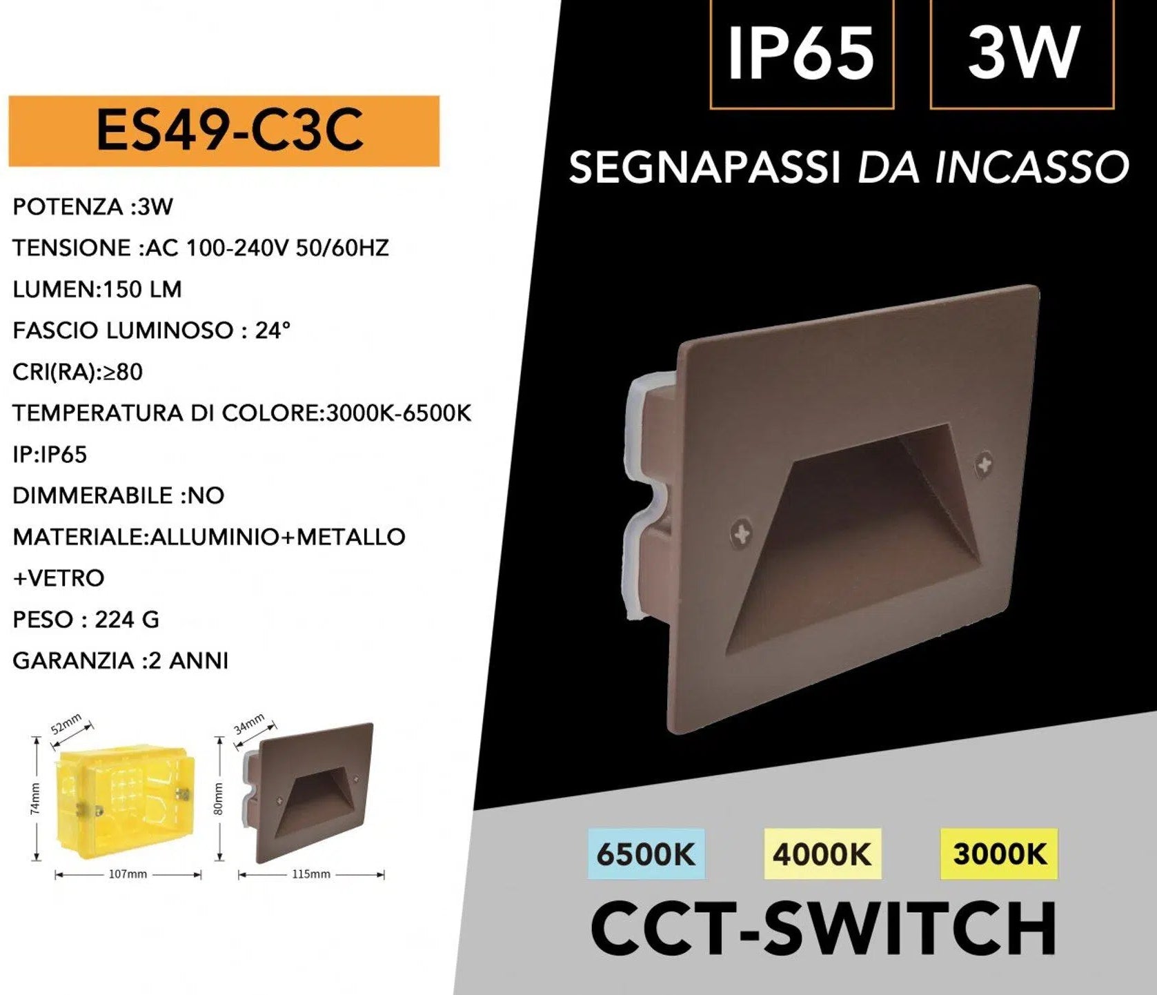 Universo ES49-C3C Punto Luce Segnapasso Rettangolare LED ad Incasso Cambia Colore CCT 3in1 3W 24° da Esterno IP65