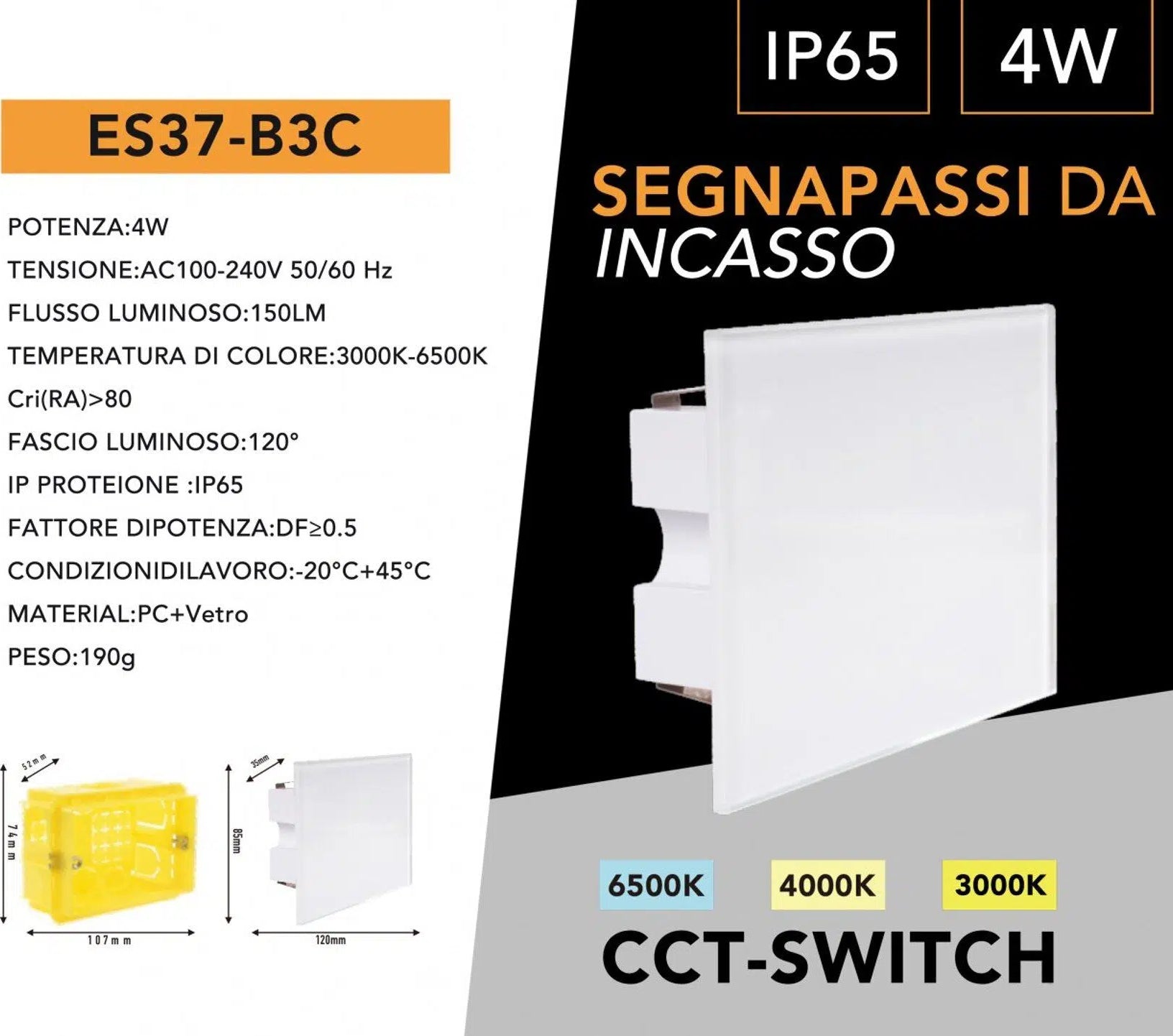 Universo ES37-B3C Segnapasso SMD LED Rettangolare in Vetro Montaggio a Incasso 503E 4W CCT Switch Cambia Colore Luce IP65