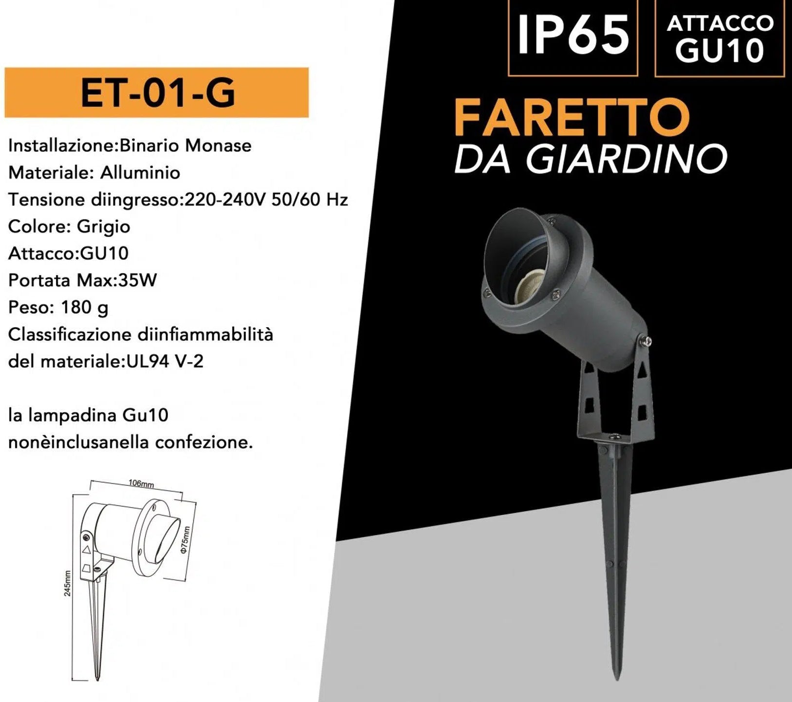 Universo ET-01-G Portafaretto da Giardino con Portalampada per Lampadine GU10 Picchetto da Interramento in Alluminio Grigio