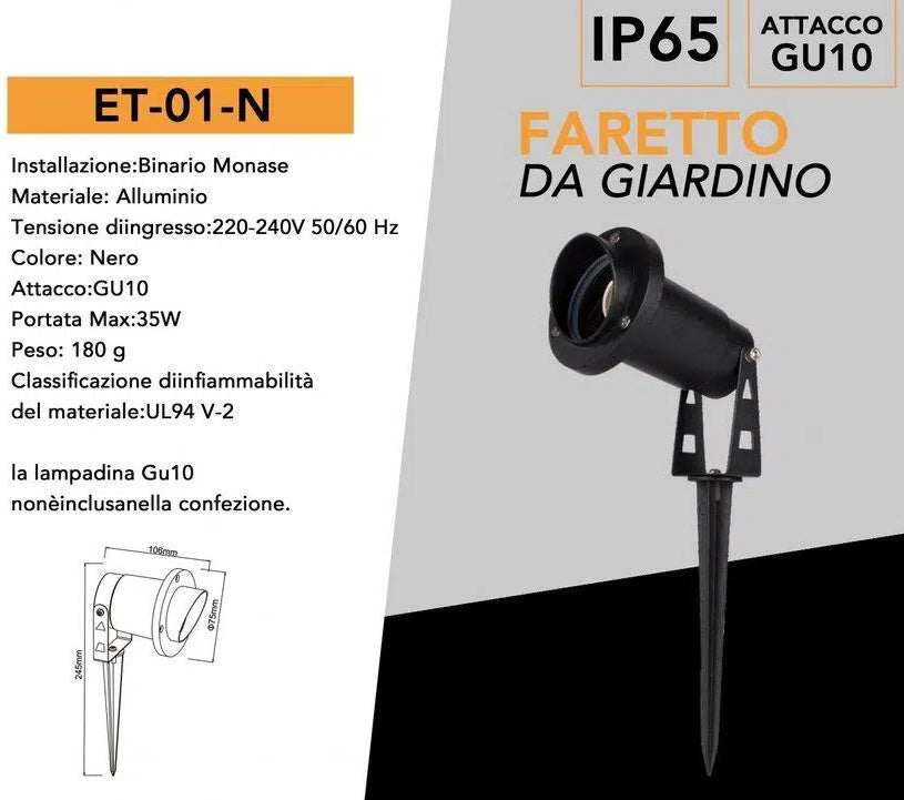 Universo ET-01-N Portafaretto da Giardino con Portalampada per Lampadine GU10 Picchetto da Interramento in Alluminio Nero