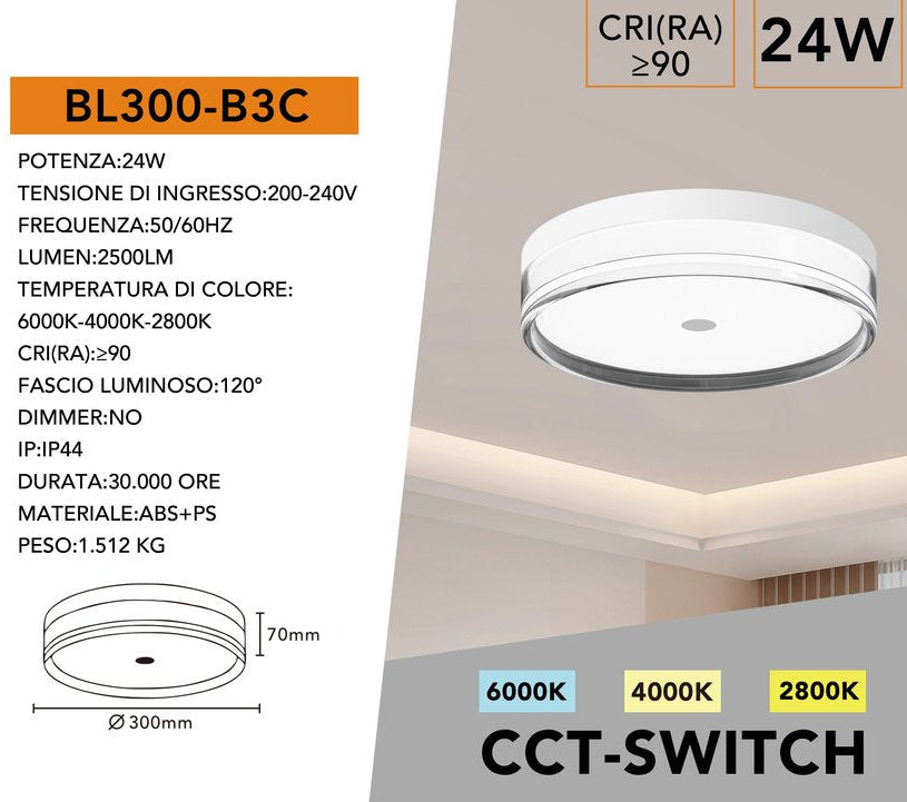Plafoniera Circolare SMD LED UNIVERSO BL300-B3C 24W | Switch CCT 3in1 IP44