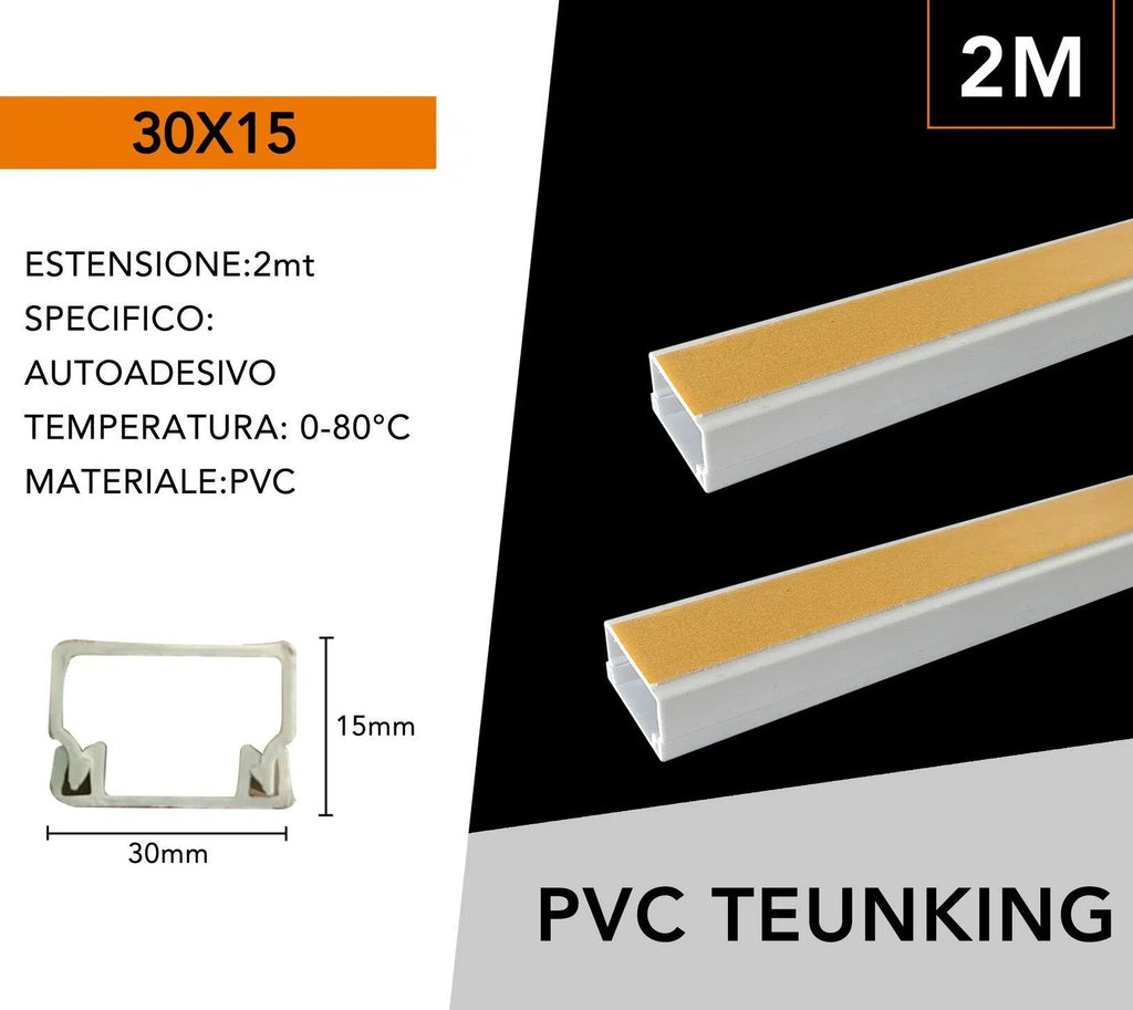 10 pezzi – Canalina passacavi con biadesivo in PVC, colore bianco, lunghezza 2 metri, dimensioni 30x15 mm