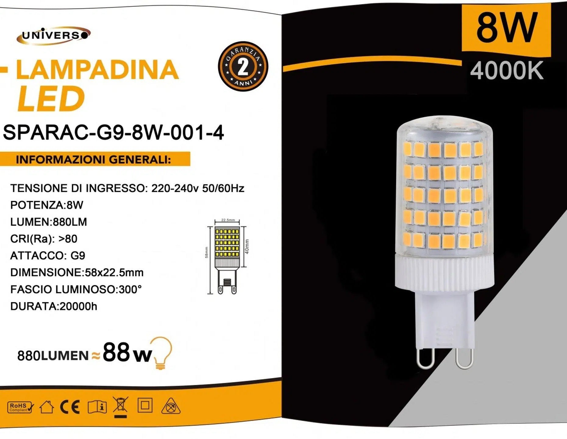 Lampadina LED G9 Universo SPARAC-G9-8W-001 – 8W Tubolare SMD, 880 Lumen, CCT 3000K/4000K/6500K