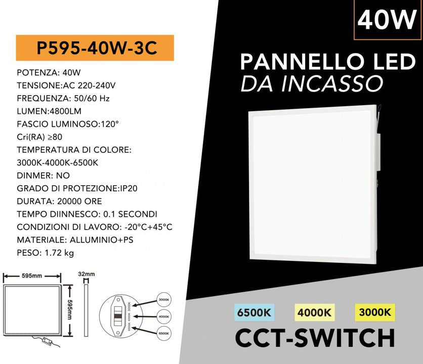 Pannello LED Slim Quadrato UNIVERSO P595-40W-3C 60x60 40W | CCT Regolabile 3000K-4000K-6500K